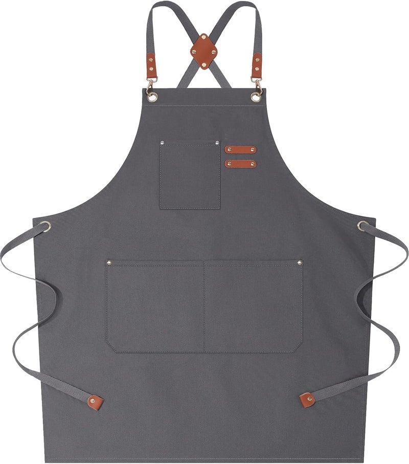 AFUN Chef Aprons for Women Men with Large Pockets, 12-Ounce Cotton Canvas Cross Back Water Repellent Apron (Grey) - Image 1